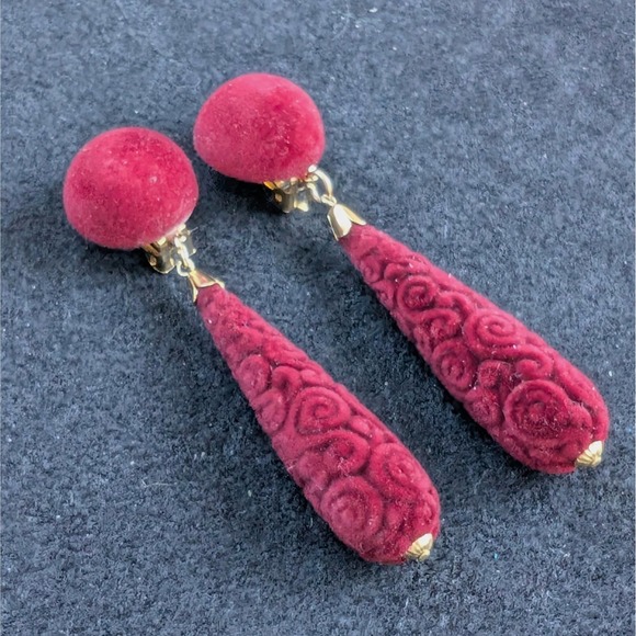 Jewelry - Vintage 80s Earrings Long Statement Red Burgundy Velvet With Clips